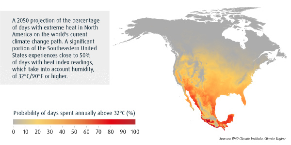 A graphic showing a map of North America with colors indicating the probability in 2050 of days spent annually at extreme temperatures in a scenario based on the world’s current path on climate change. 